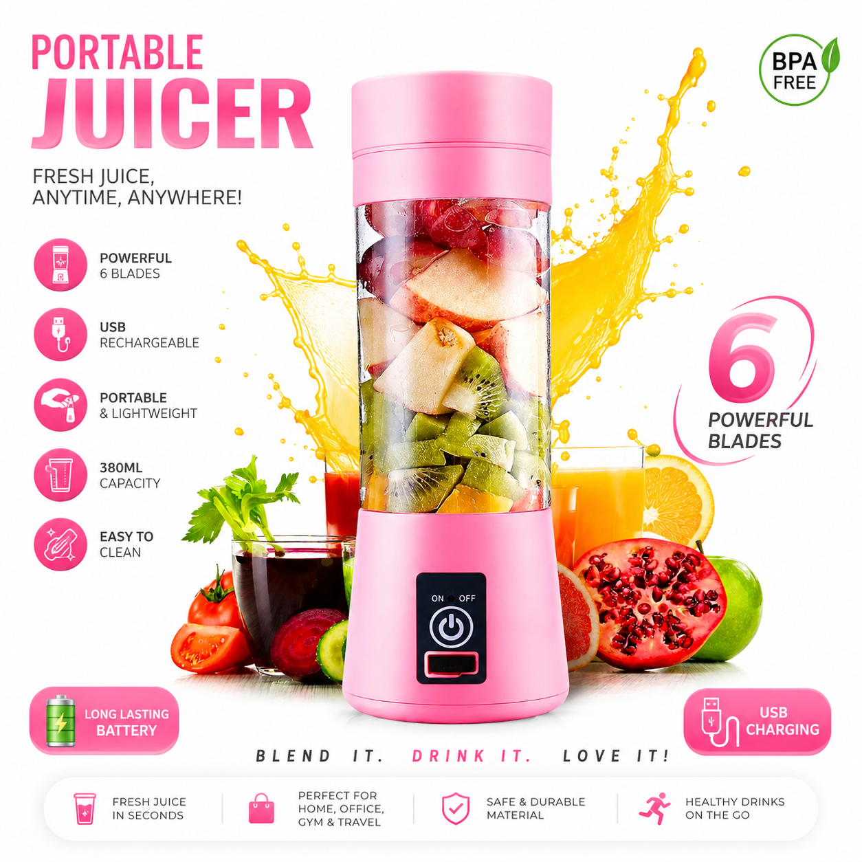 Portable Juicer Blender – Rechargeable Mini Personal Blender for Smoothies & Shakes
