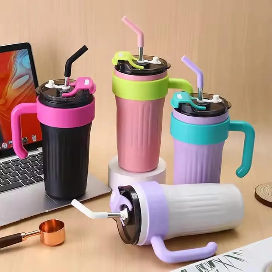 Thermos Travel Mug with Handle – Leakproof Insulated Tumbler with Stainless Steel Straw