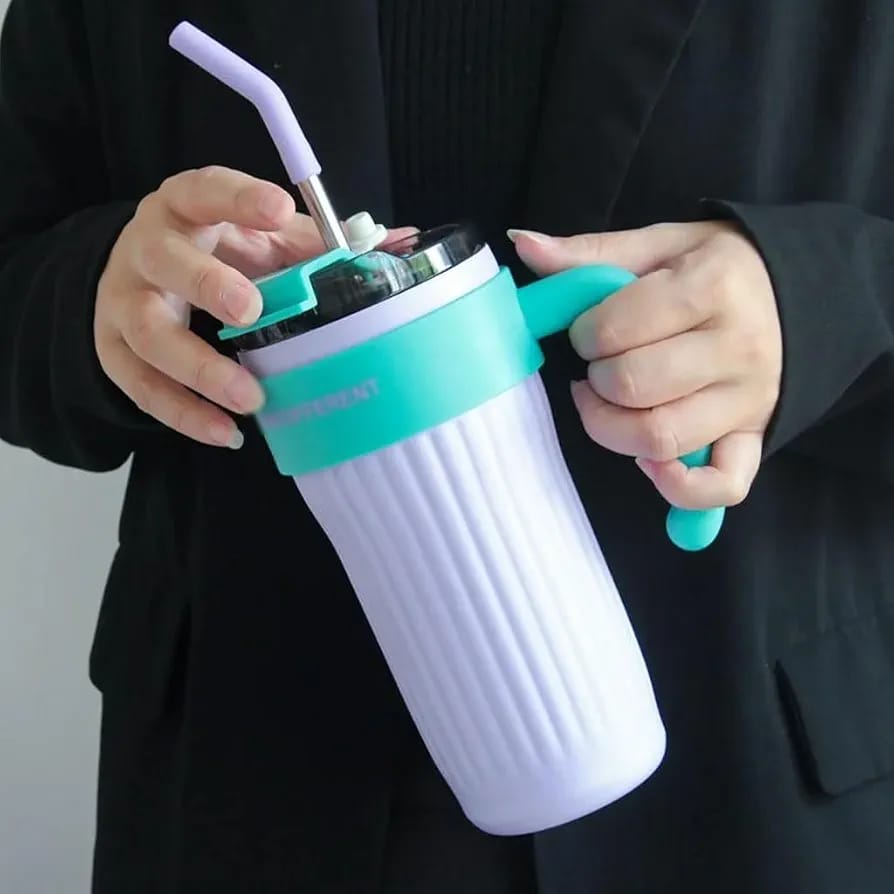 Thermos Travel Mug with Handle – Leakproof Insulated Tumbler with Stainless Steel Straw