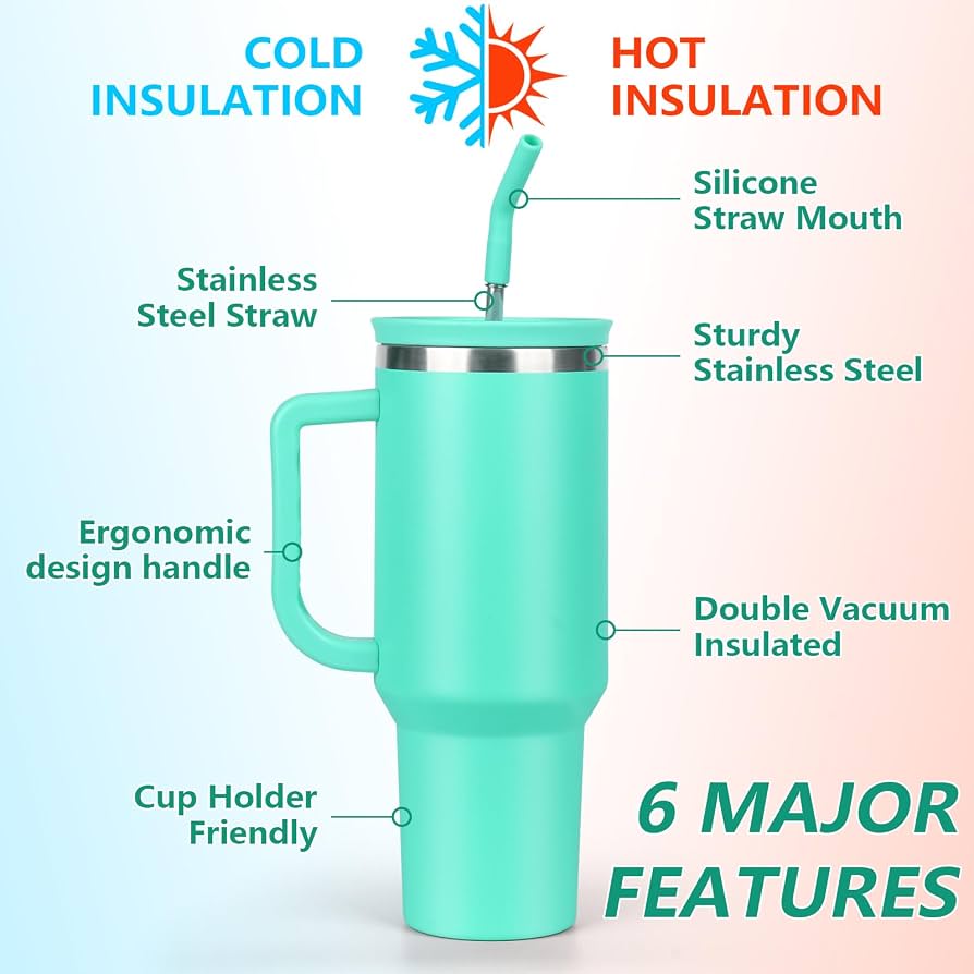 Thermos Travel Mug with Handle – Leakproof Insulated Tumbler with Stainless Steel Straw