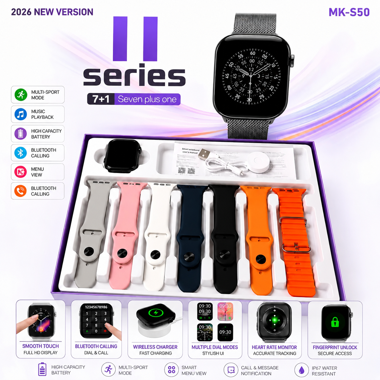 Smart Watch Series 11 with Amoled Display – Bluetooth Calling Waterproof With (7 Straps)