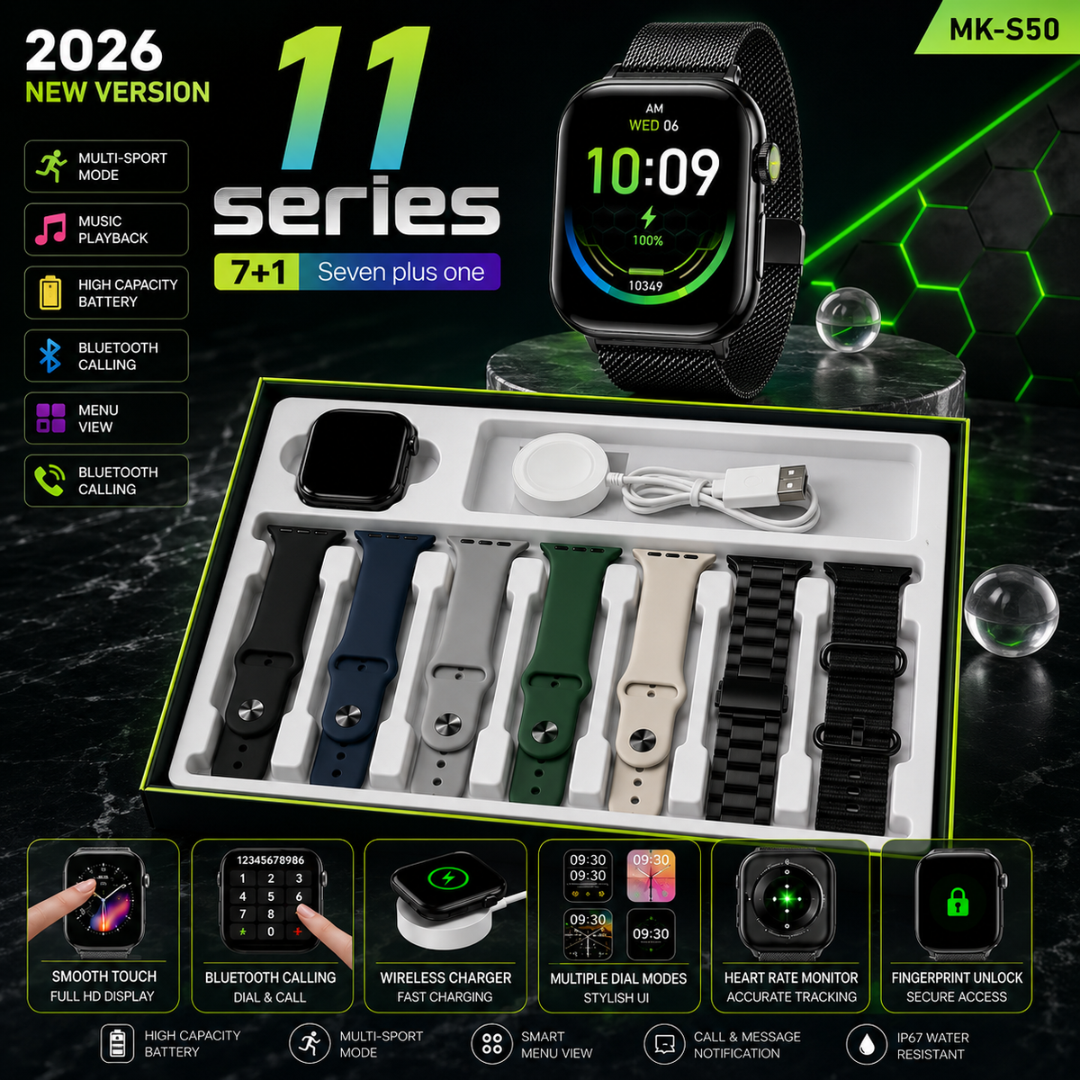Smart Watch Series 11 with Amoled Display – Bluetooth Calling Waterproof With (7 Straps)