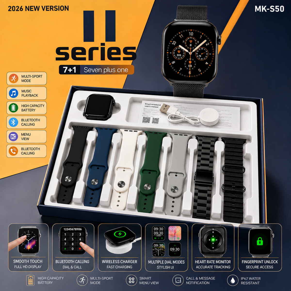 Smart Watch Series 11 with Amoled Display – Bluetooth Calling Waterproof With (7 Straps)