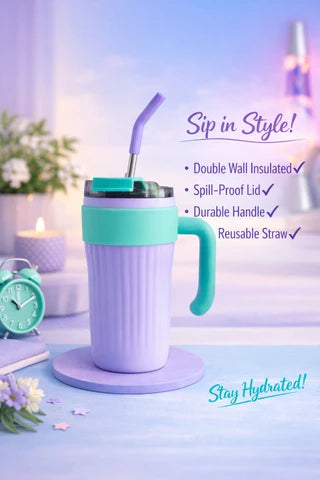 Thermos Travel Mug with Handle – Leakproof Insulated Tumbler with Stainless Steel Straw